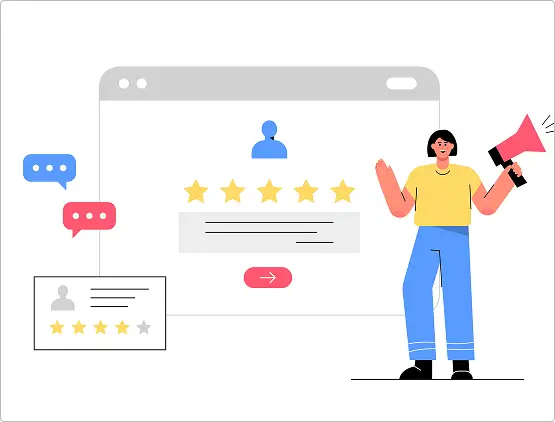 Illustration of a patient leaving a five-star review online to share their treatment journey and experience with the California Joint Pain Institute.