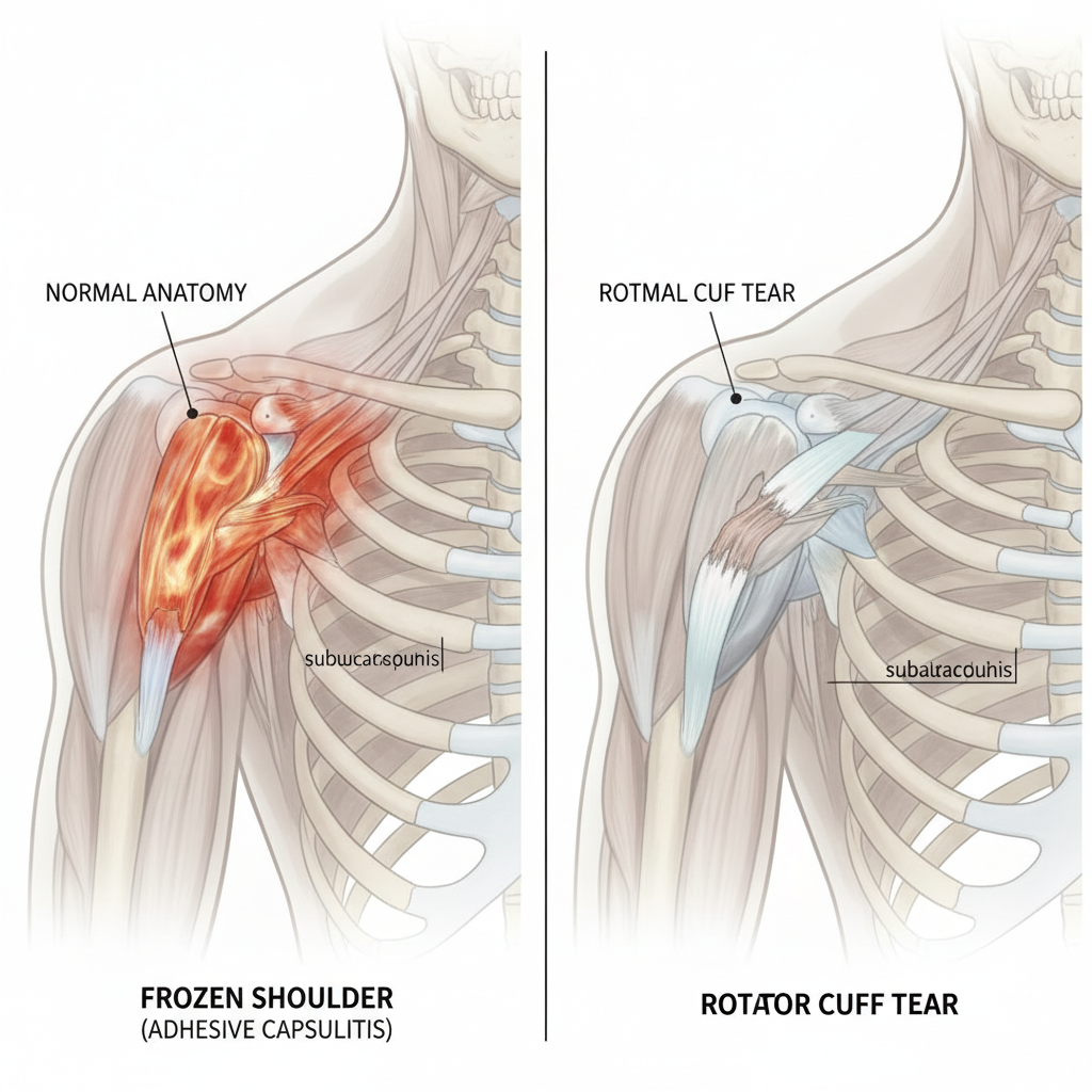 blog-title Anatomical illustration comparing frozen shoulder and rotator cuff tear structures in the shoulder joint