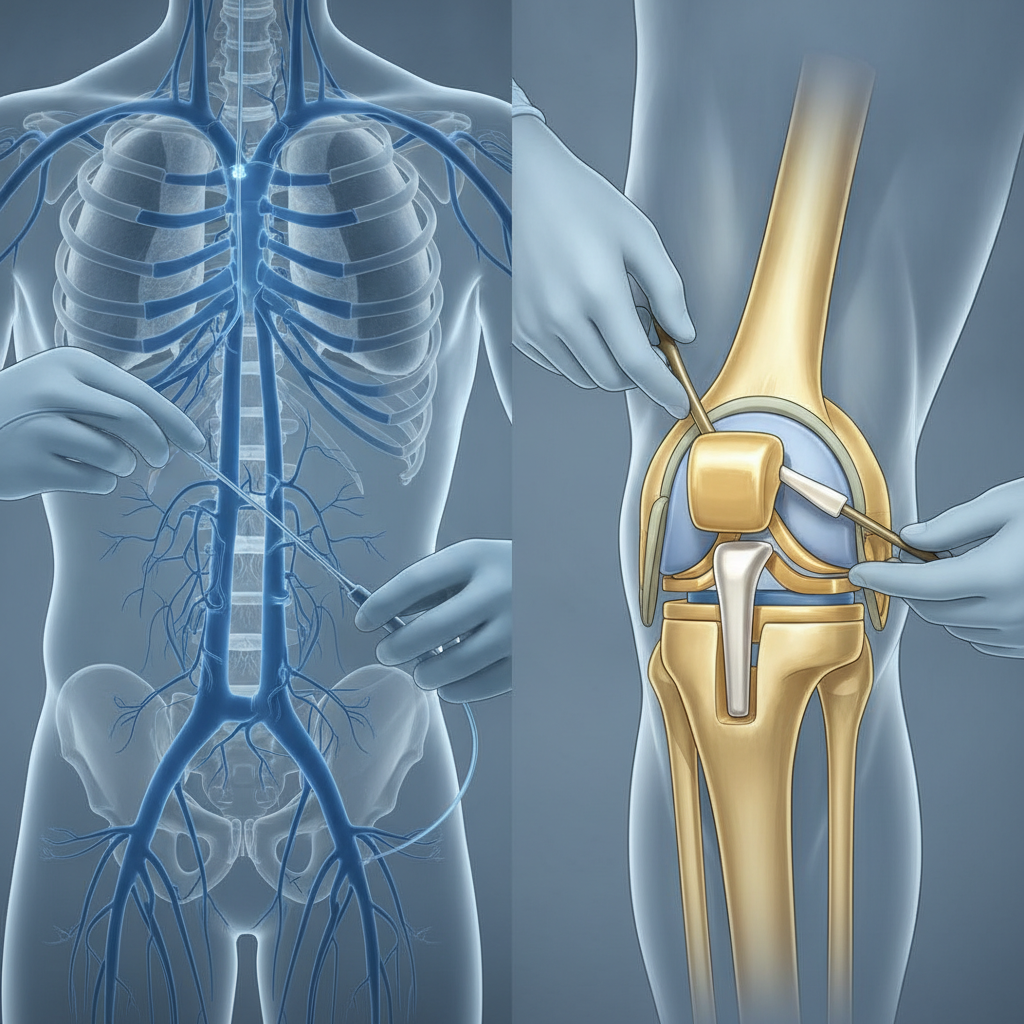 blog-title Medical diagram comparing minimally invasive catheter procedure and surgical knee joint replacement approaches
