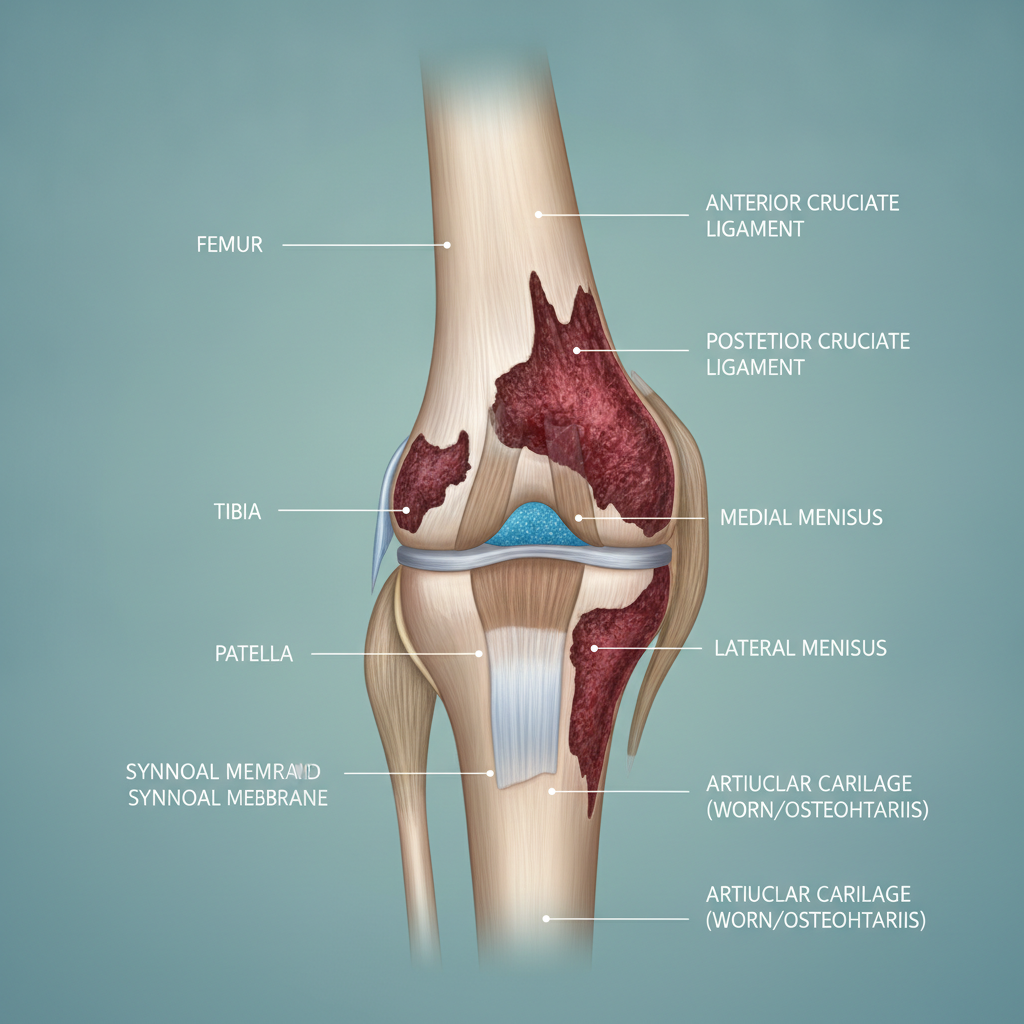 blog-title Anatomical illustration of knee joint showing cartilage wear and inflammation associated with osteoarthritis