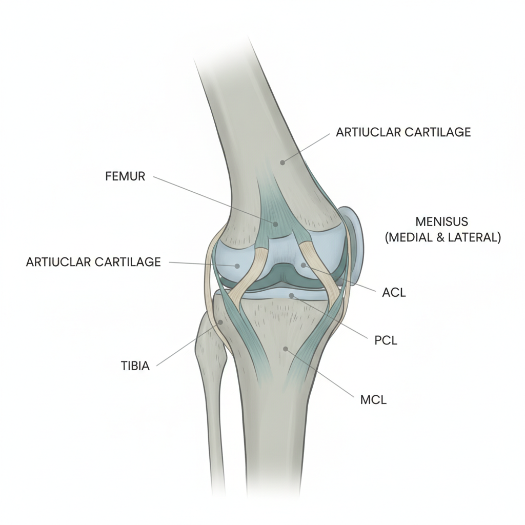 blog-title Cross-section anatomy of knee joint showing cartilage, ligaments, and bone structure