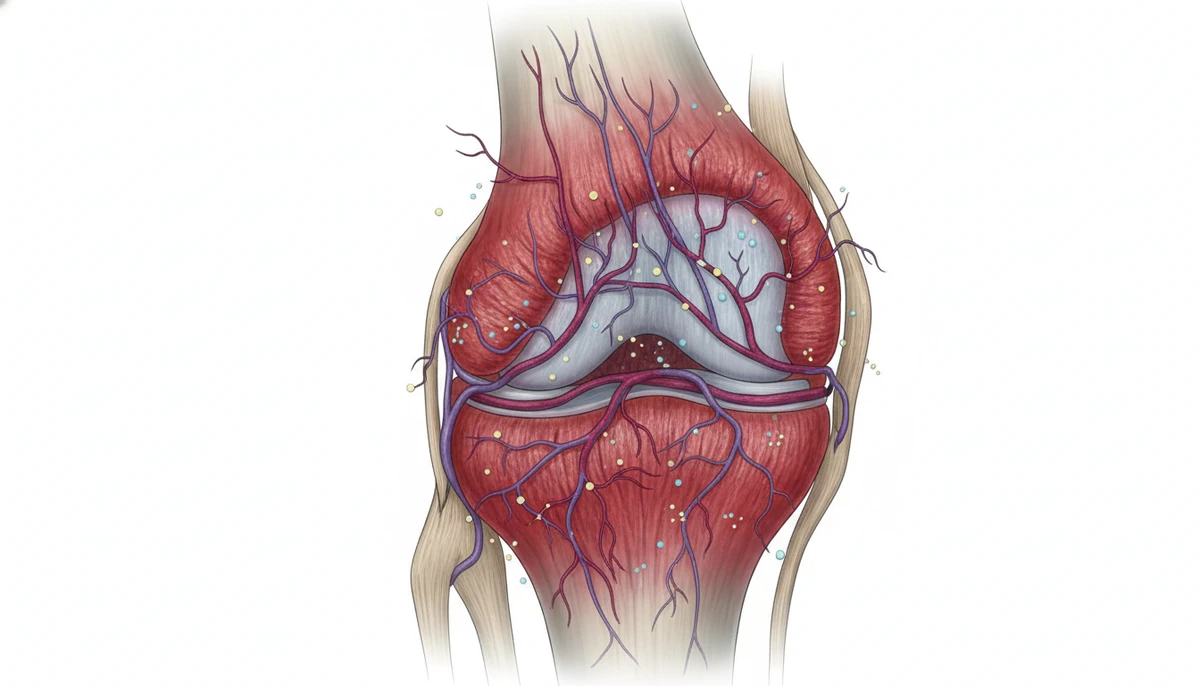 blog-title Inflamed joint with highlighted blood vessels and inflammatory markers in medical illustration style
